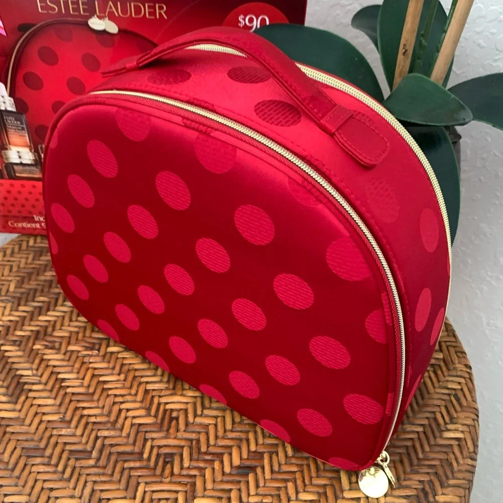 Estee Lauder Sateen Red Polka Dot Large Cosmetic Travel Case